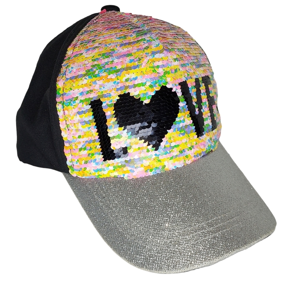Justice Girls Tweens OS Adjustable Flip Sequin Love Shiny Silver Bill Cap Hat